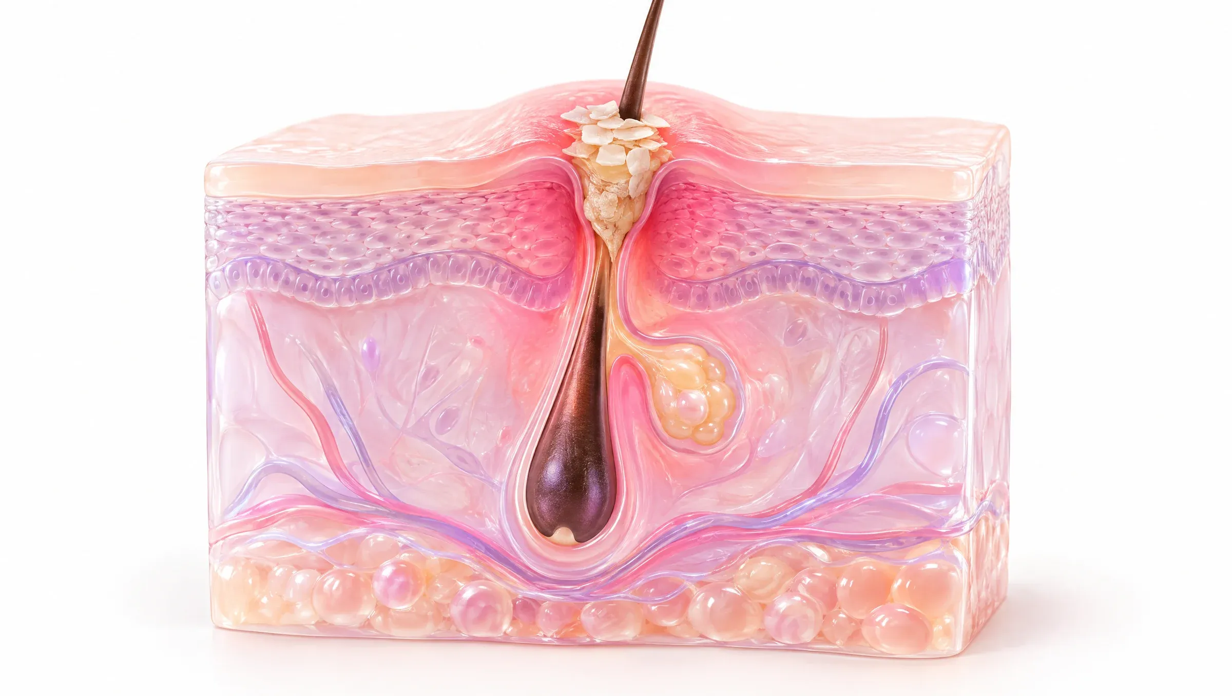Illustration: a hair follicle and its oil gland, with the pore opening blocked by oil and dead skin cells and mild inflammation around it.