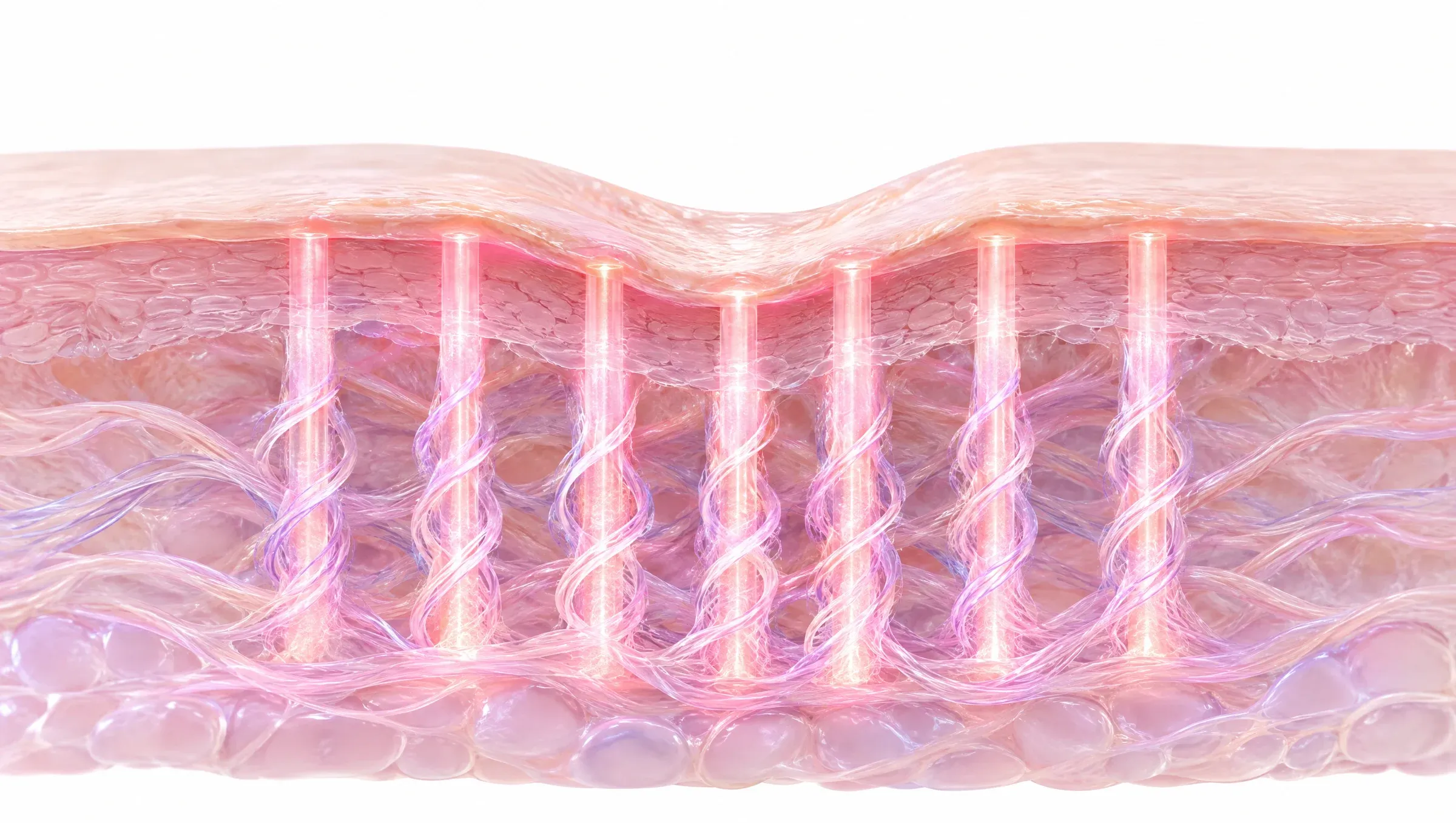 Illustration: microscopic columns in the skin with new collagen forming beneath a shallow scar.
