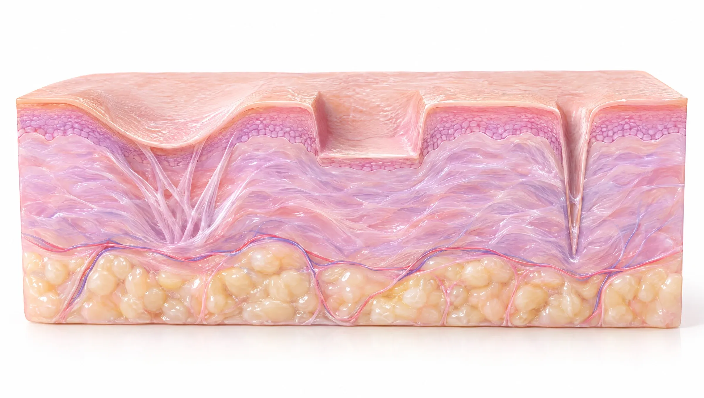 Illustration: a cross-section of skin with three kinds of dented acne scar side by side: a soft rolling scar pulled down by bands, a boxcar scar with steep edges and a narrow, deep ice-pick scar.