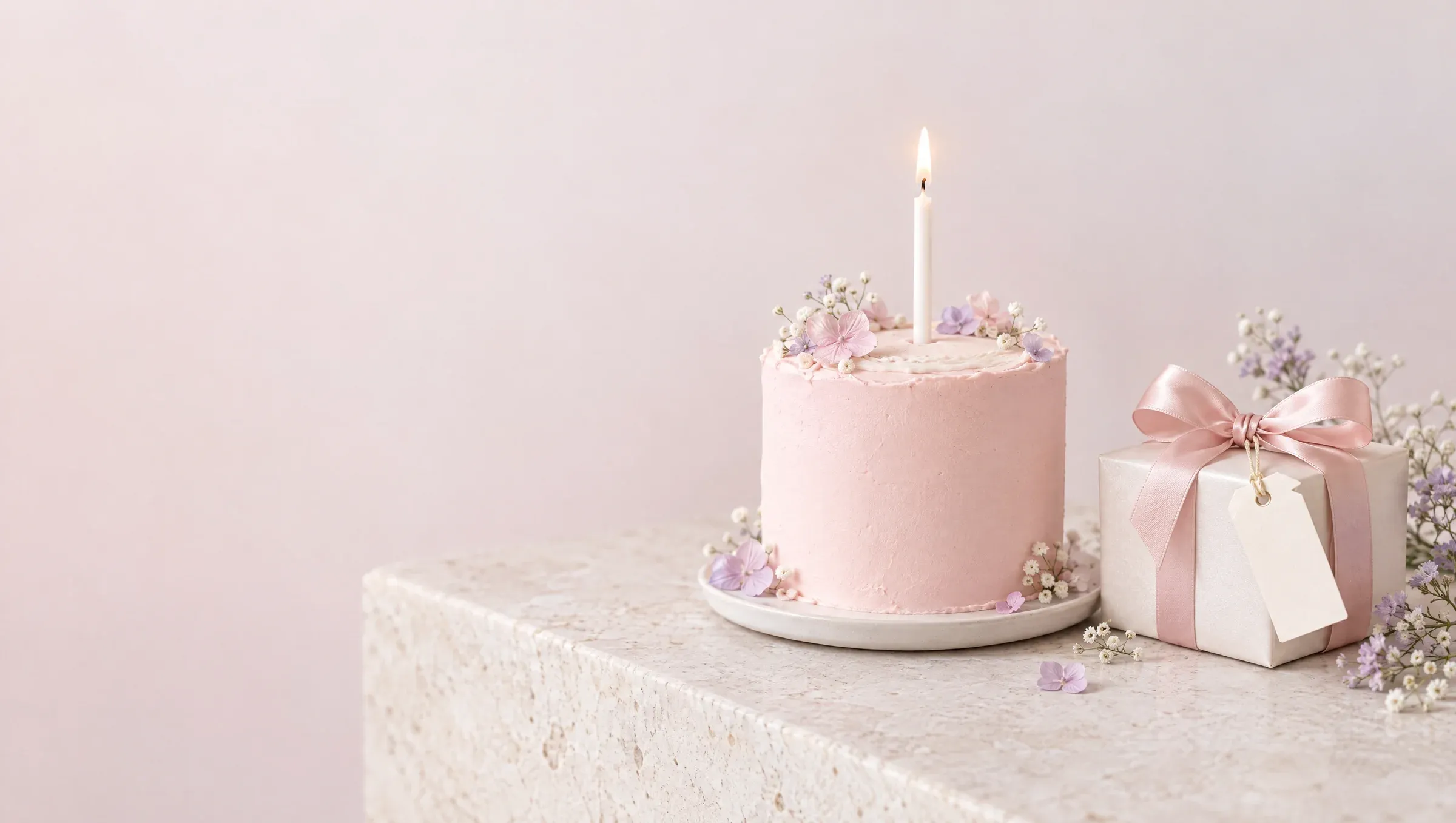 AI-generated still life of a small pink birthday cake with one candle beside a white gift box with a blush ribbon.