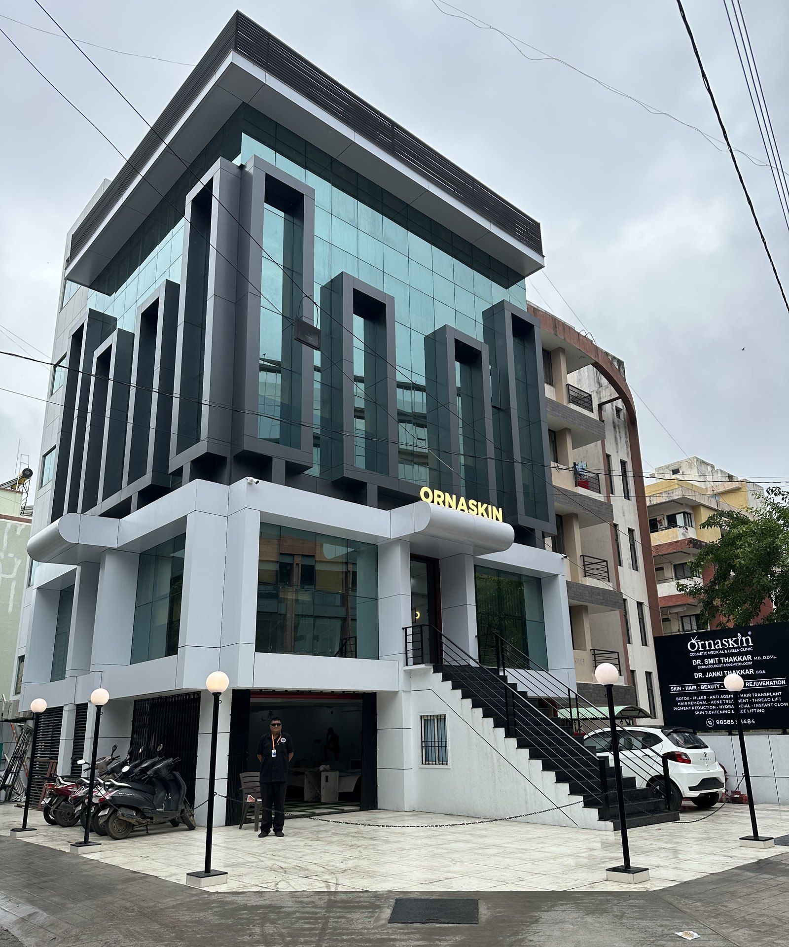 The four-storey OrnaSkin building on Pandit Dindayal Upadhyay Road, Madhur Nagar, Rajkot