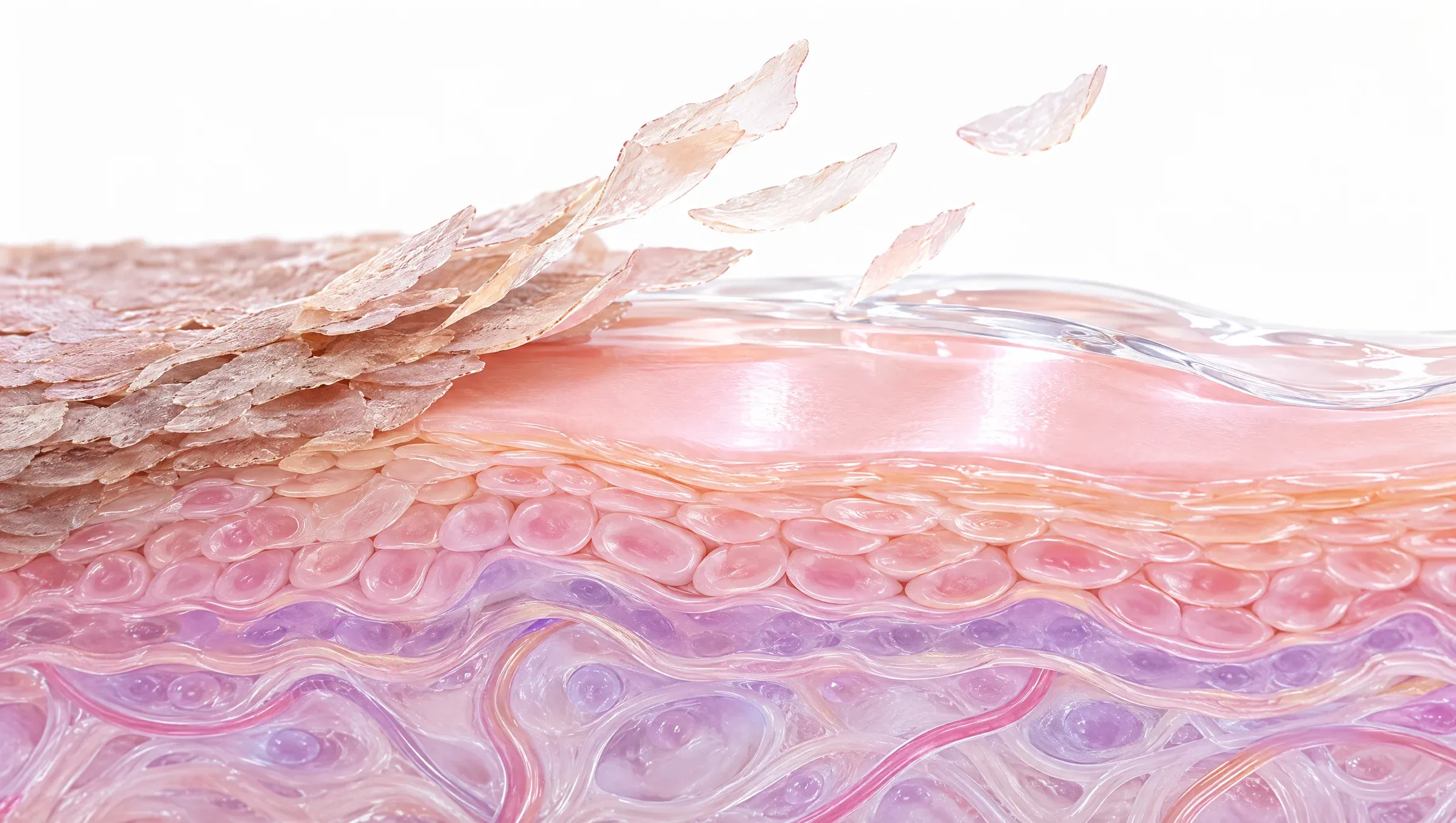 Illustration: dull surface cells lifting away in thin flakes to reveal fresh, even skin beneath a clear film of peel solution.