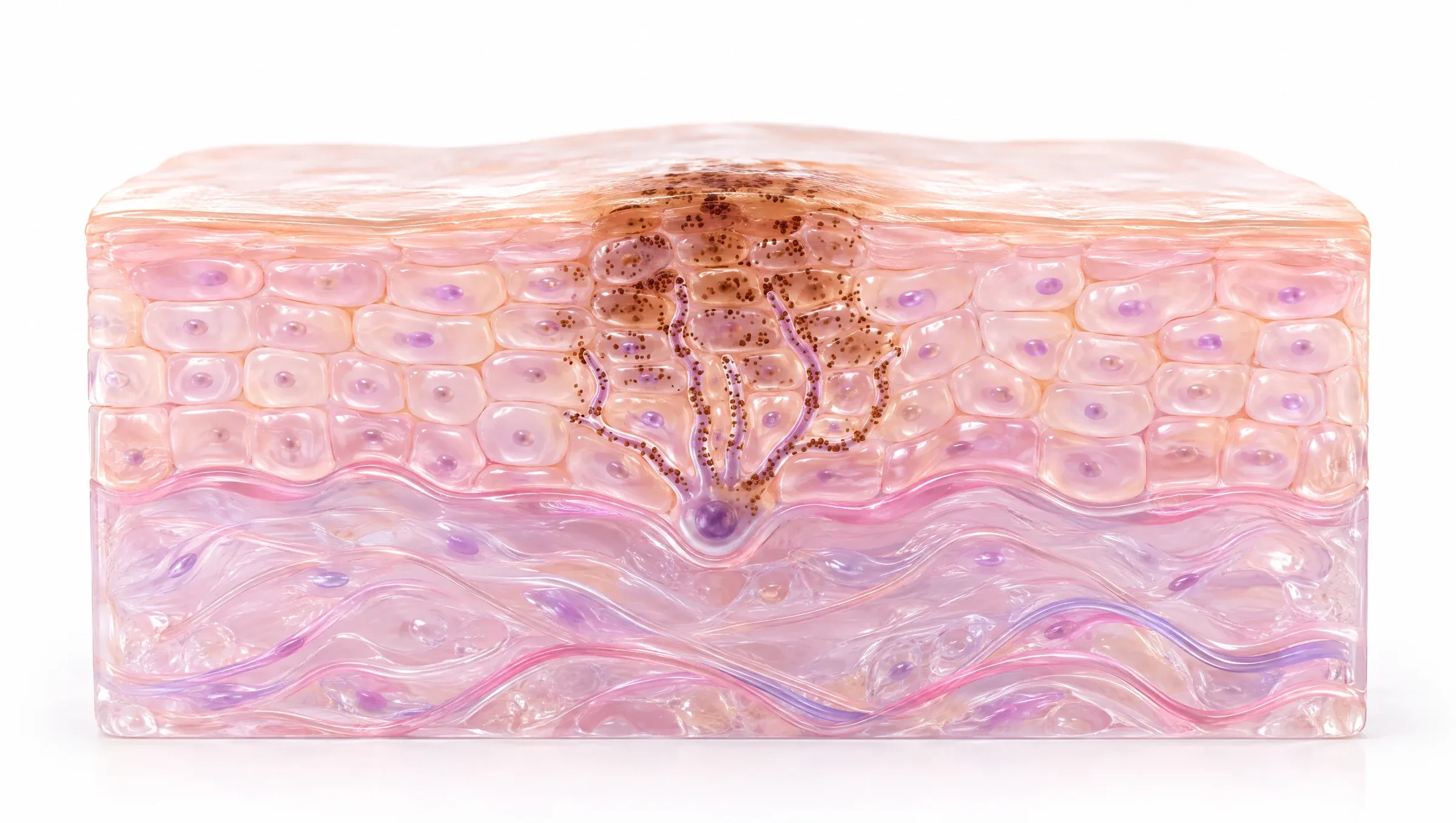 Illustration: a cluster of brown pigment in the upper skin where a spot has healed, with busy pigment cells beneath passing pigment to the surrounding cells.