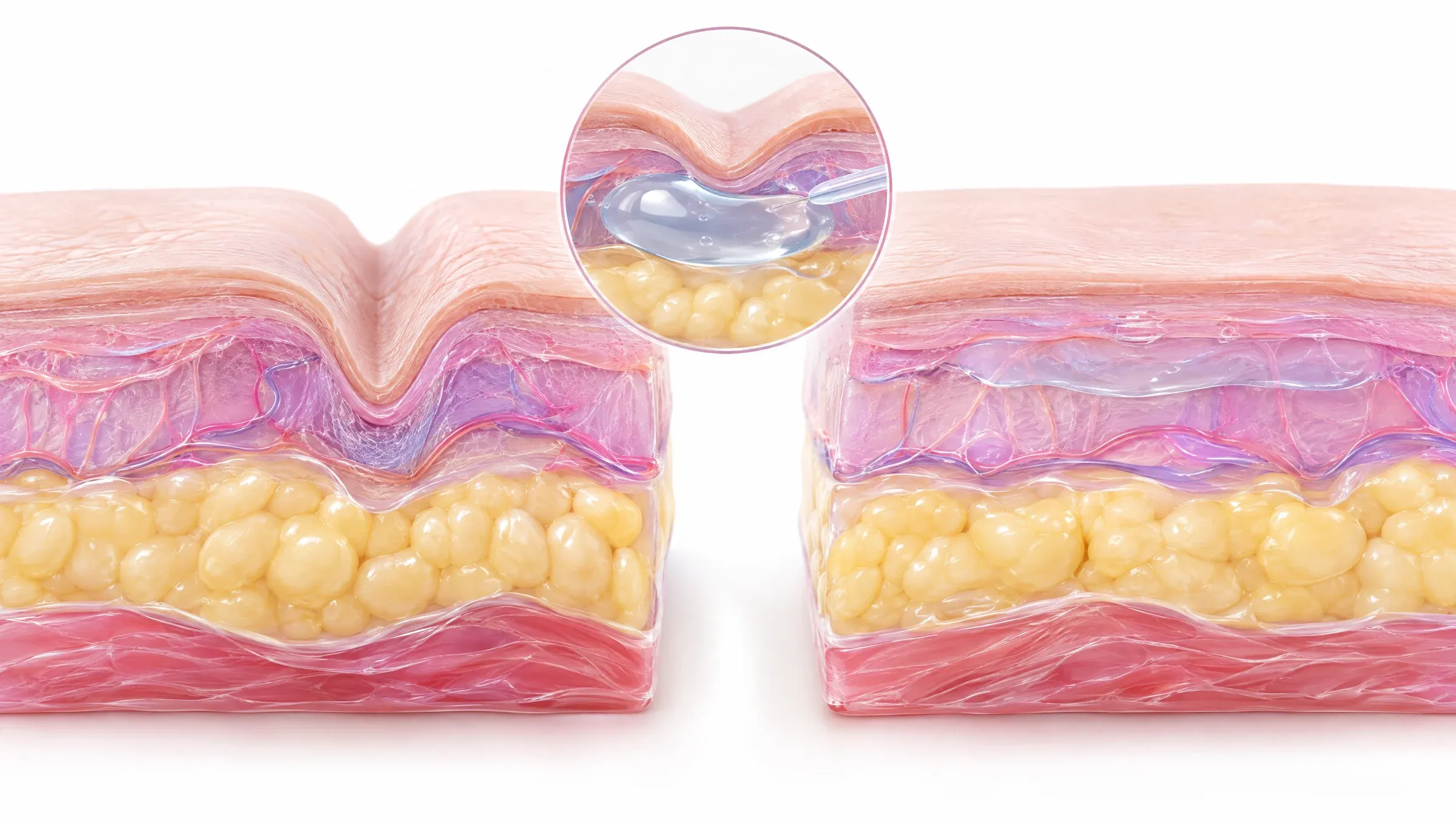 Illustration: a clear hyaluronic acid gel placed beneath a facial fold, restoring support so the surface above looks softer.