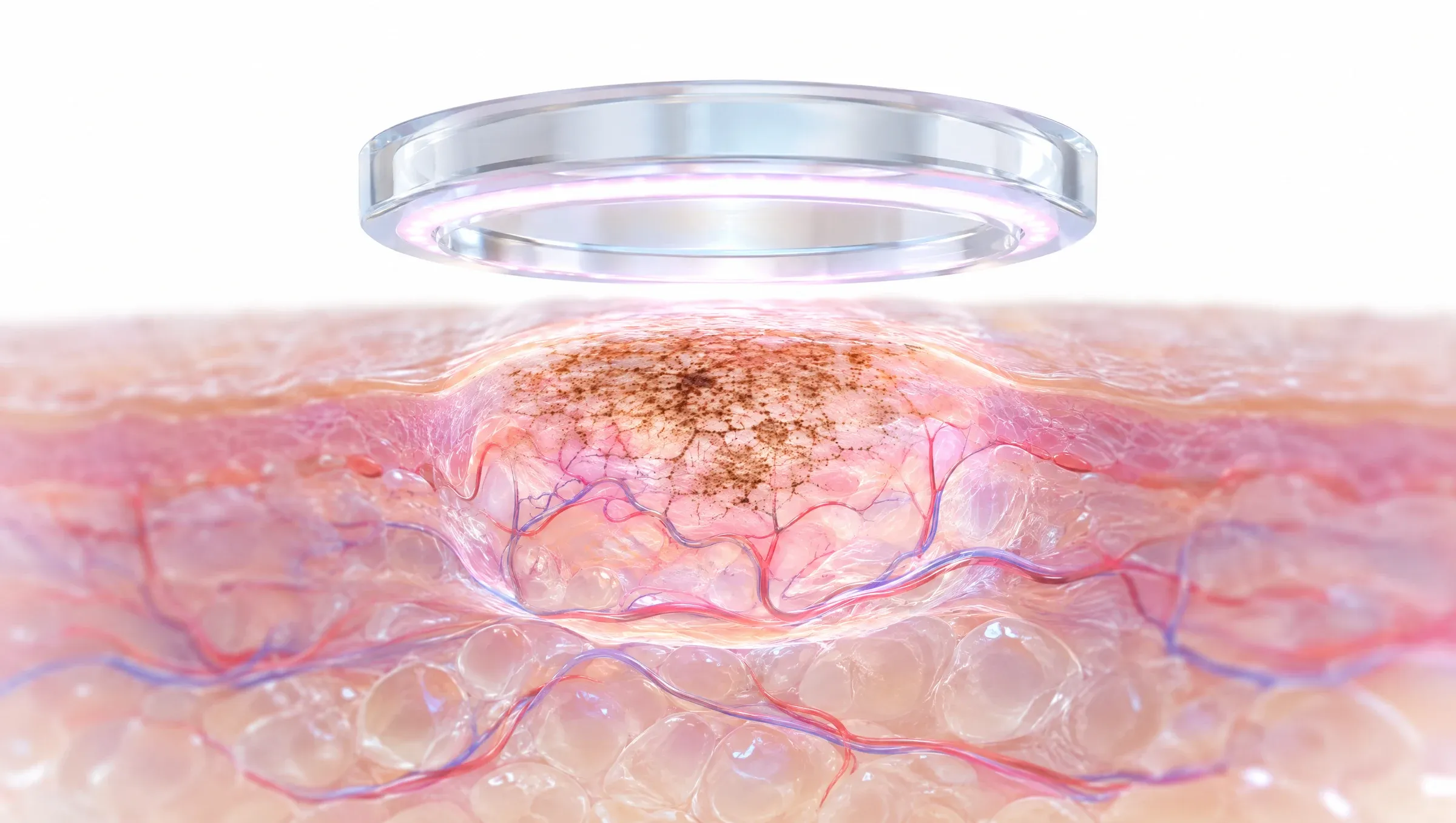 Illustration: a round glass lens with a ring of soft light above the skin, showing a fine brown pigment pattern and small blood vessels just beneath the surface.