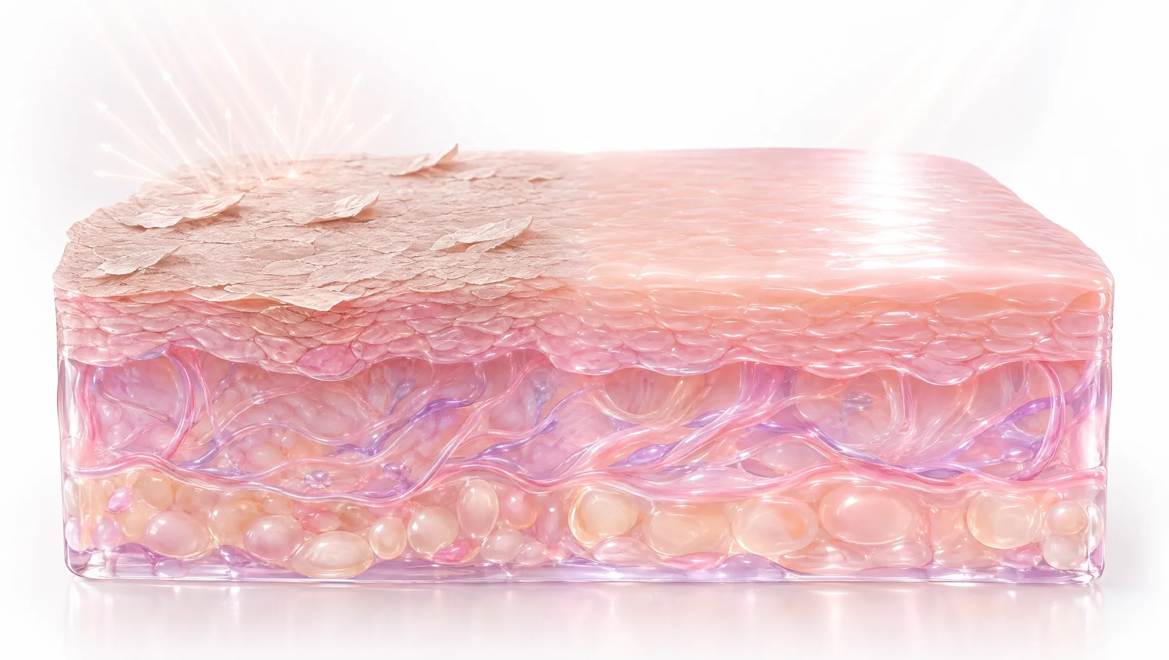 Illustration: a rough, dry skin surface with piled-up old cells scattering light beside a smooth, hydrated surface reflecting light evenly.