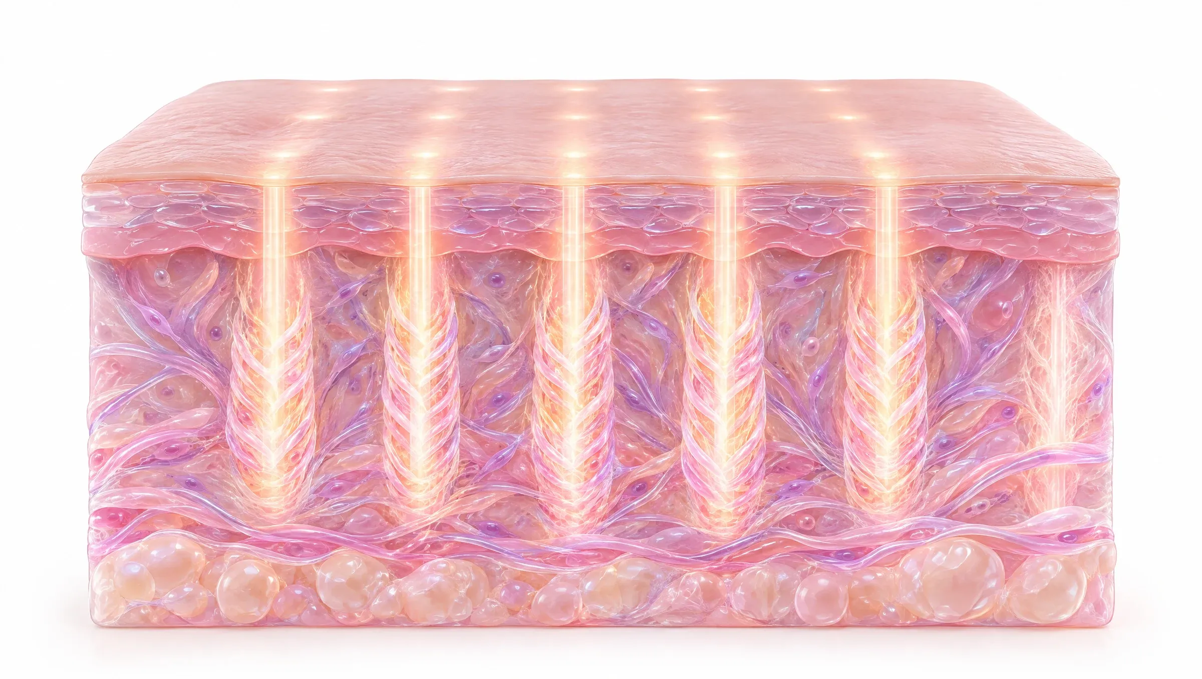 Illustration: a fine grid of microscopic columns of gentle heat deep in the dermis under an intact surface, with new collagen forming around them.
