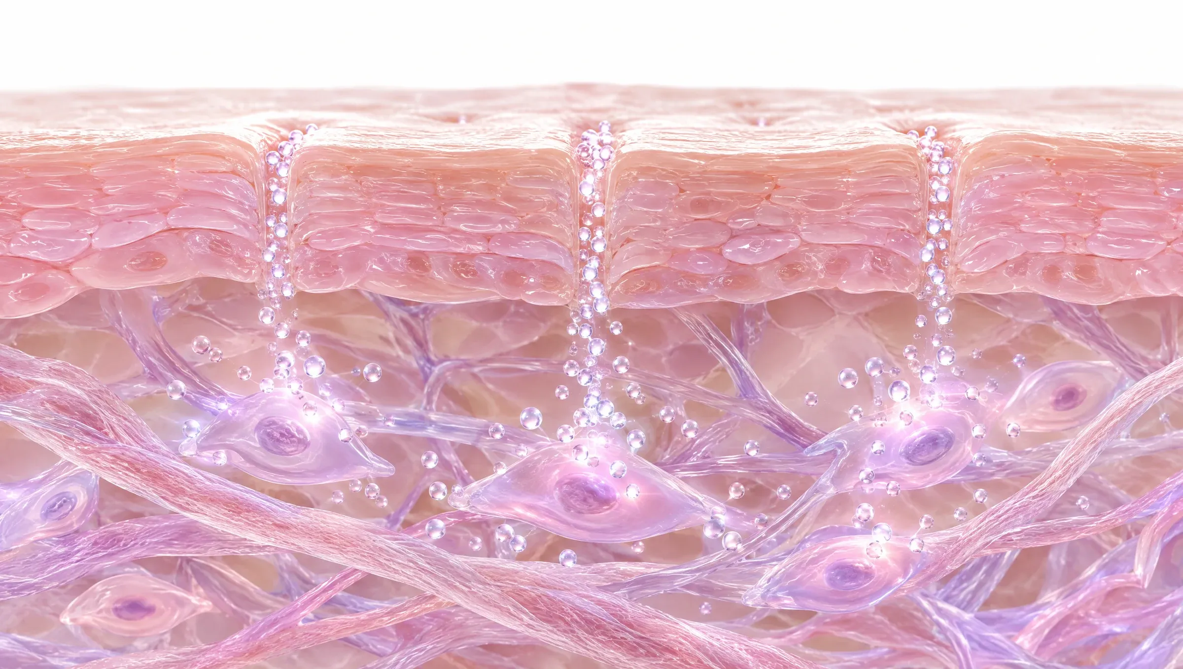Illustration: tiny exosome particles travelling down fine channels in the skin towards the cells of the dermis.