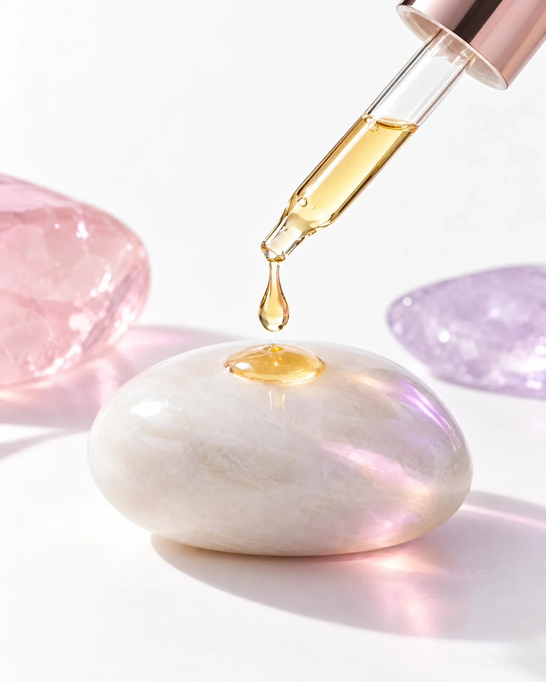 AI-generated still life: a glass dropper releasing one golden drop onto a smooth white stone. Not an Orna Skincare product.