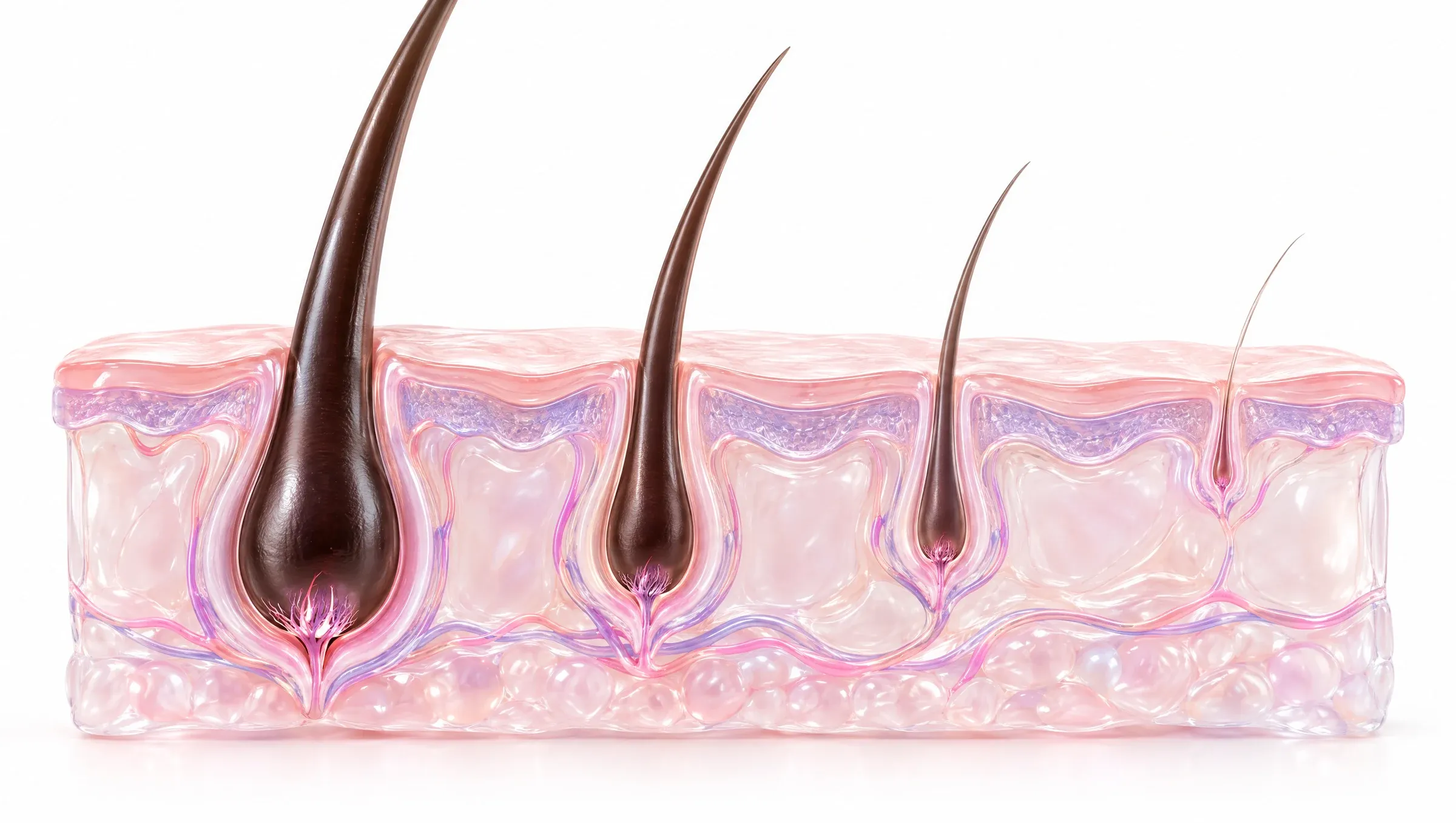 Illustration: a row of hair follicles that become smaller from left to right, from a thick hair with a large root to a fine, short hair.