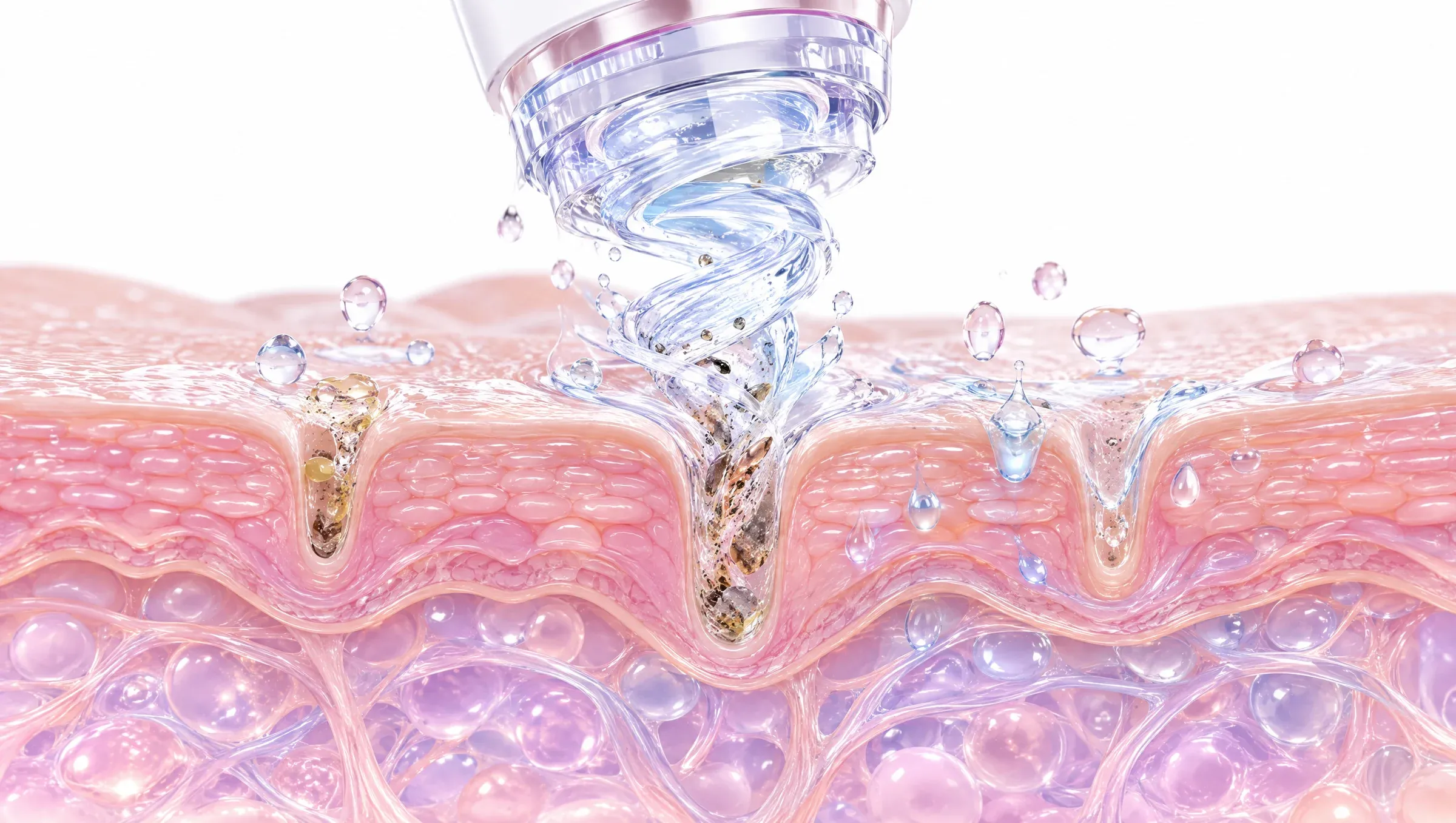 Illustration: a gentle swirl of water and serum lifts oil and debris out of the pores while hydration soaks into the surface.