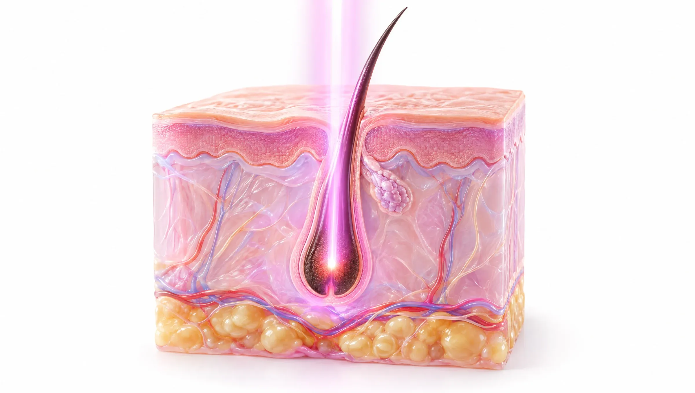 Illustration: laser light passing through the skin to warm the pigmented root of a hair follicle.