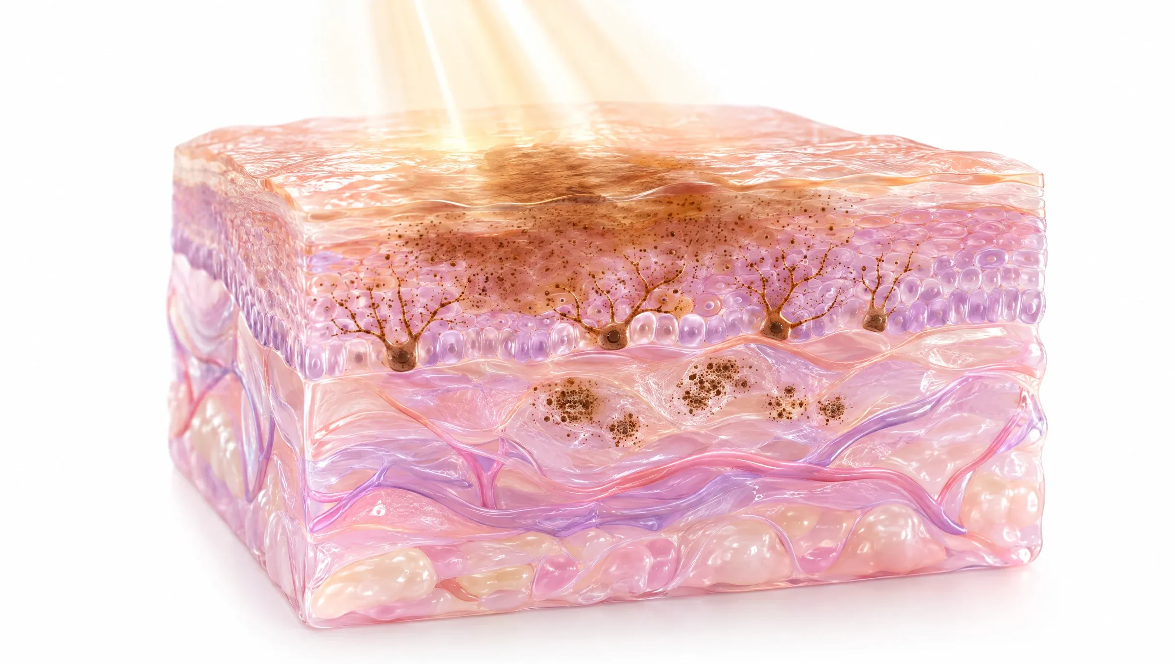 Illustration: brown pigment spread through the upper skin with a few deeper clusters, overactive pigment cells at its base and sunlight falling on the surface.