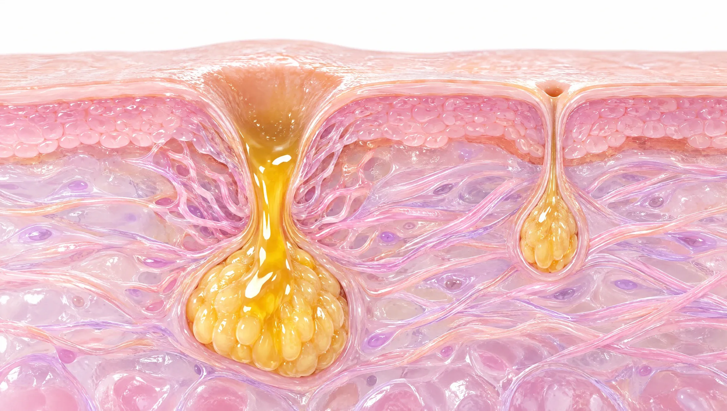 Illustration: a widened pore leading down to an active oil gland, beside a smaller pore for comparison.