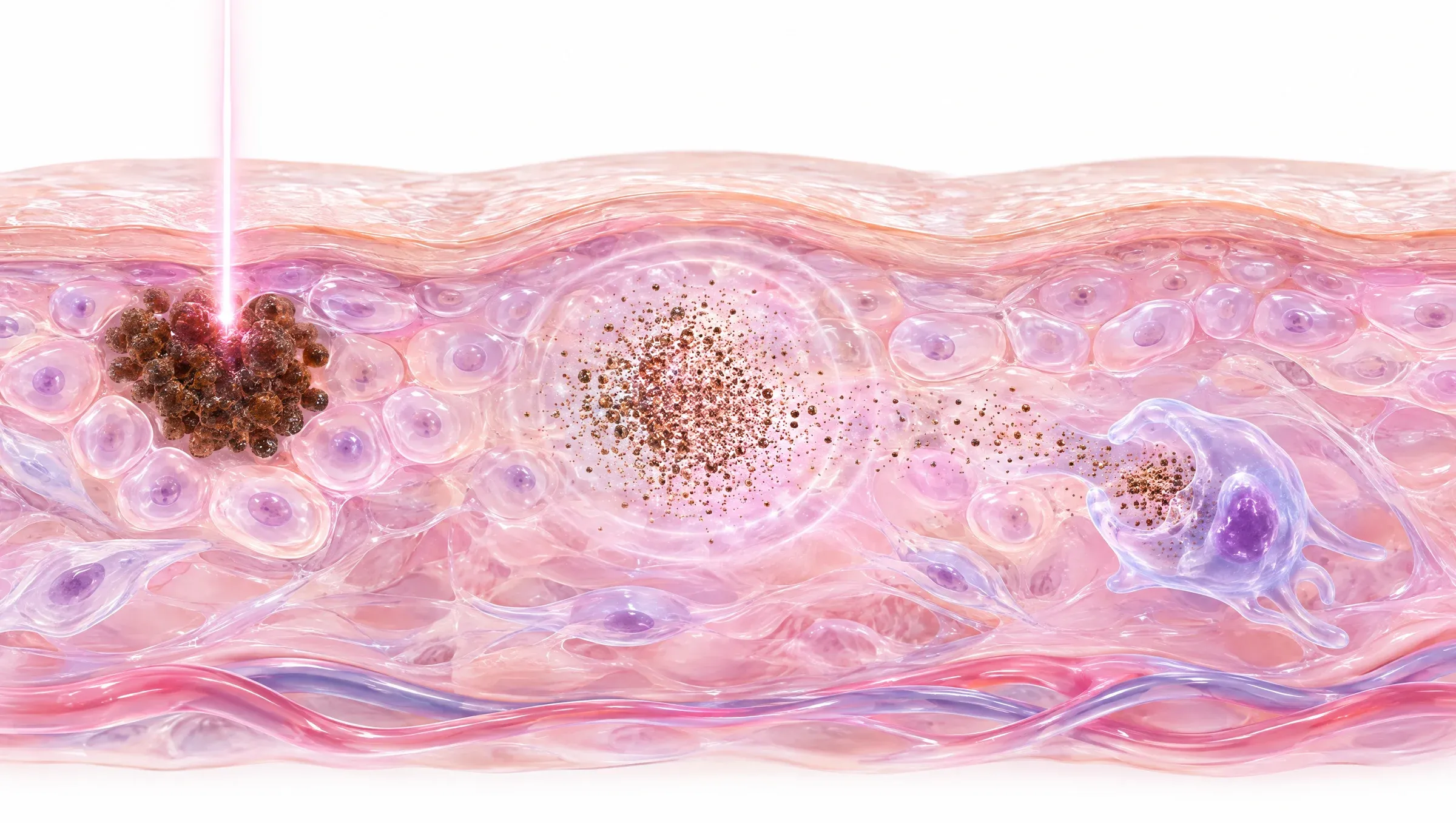 Illustration: a very short pulse of light meets a cluster of melanin in the upper skin, its pressure wave shatters it into very fine particles, and a clean-up cell deeper in the skin takes them up.