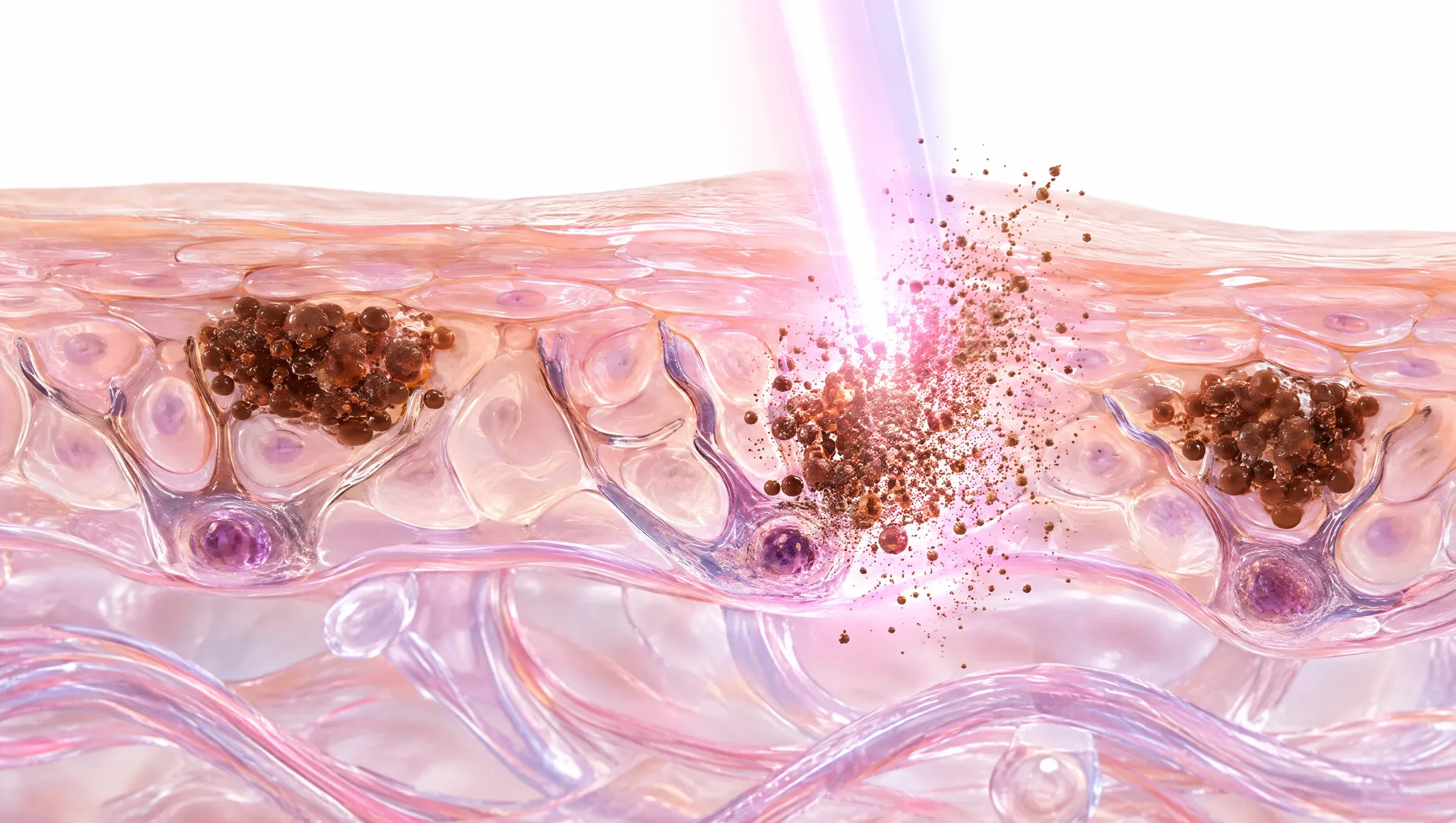 Illustration: a short pulse of light breaking a cluster of melanin into fine particles.