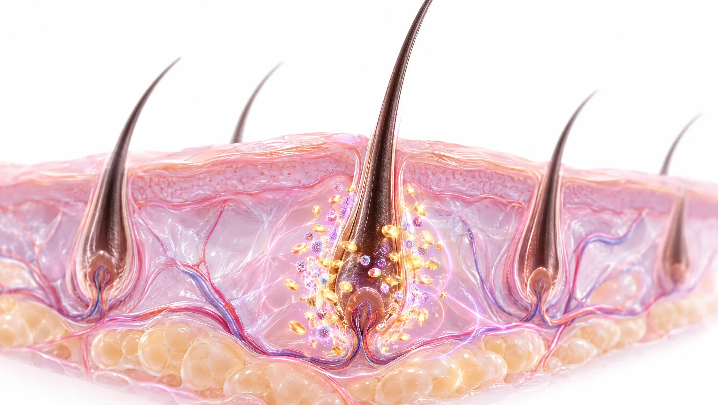 Illustration: golden platelets and growth factors gathering around the base of a hair follicle as a fine hair grows.
