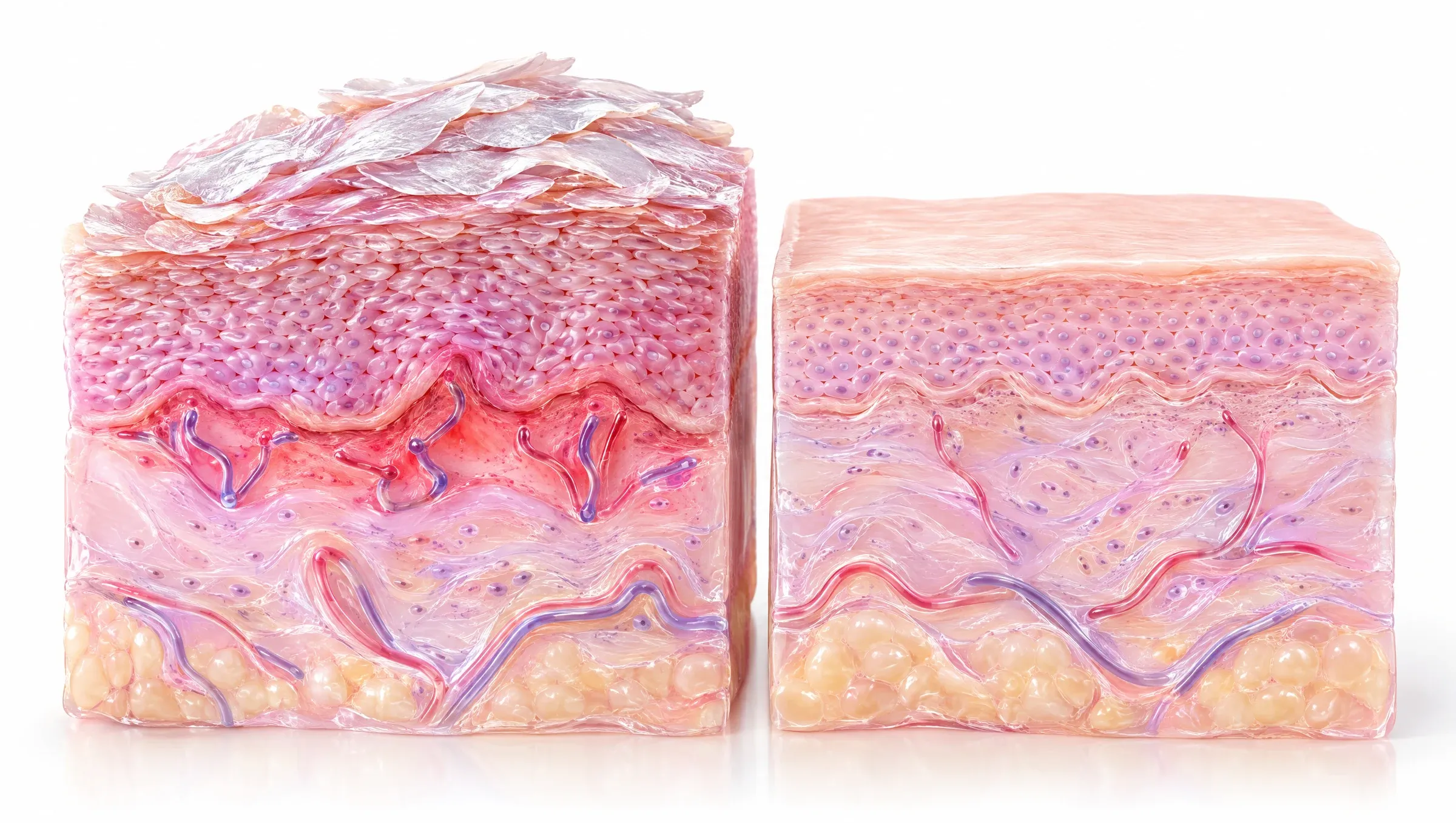 Illustration: in psoriasis, skin cells pile up into thick, scaly layers over mild inflammation, beside a section of normal skin.