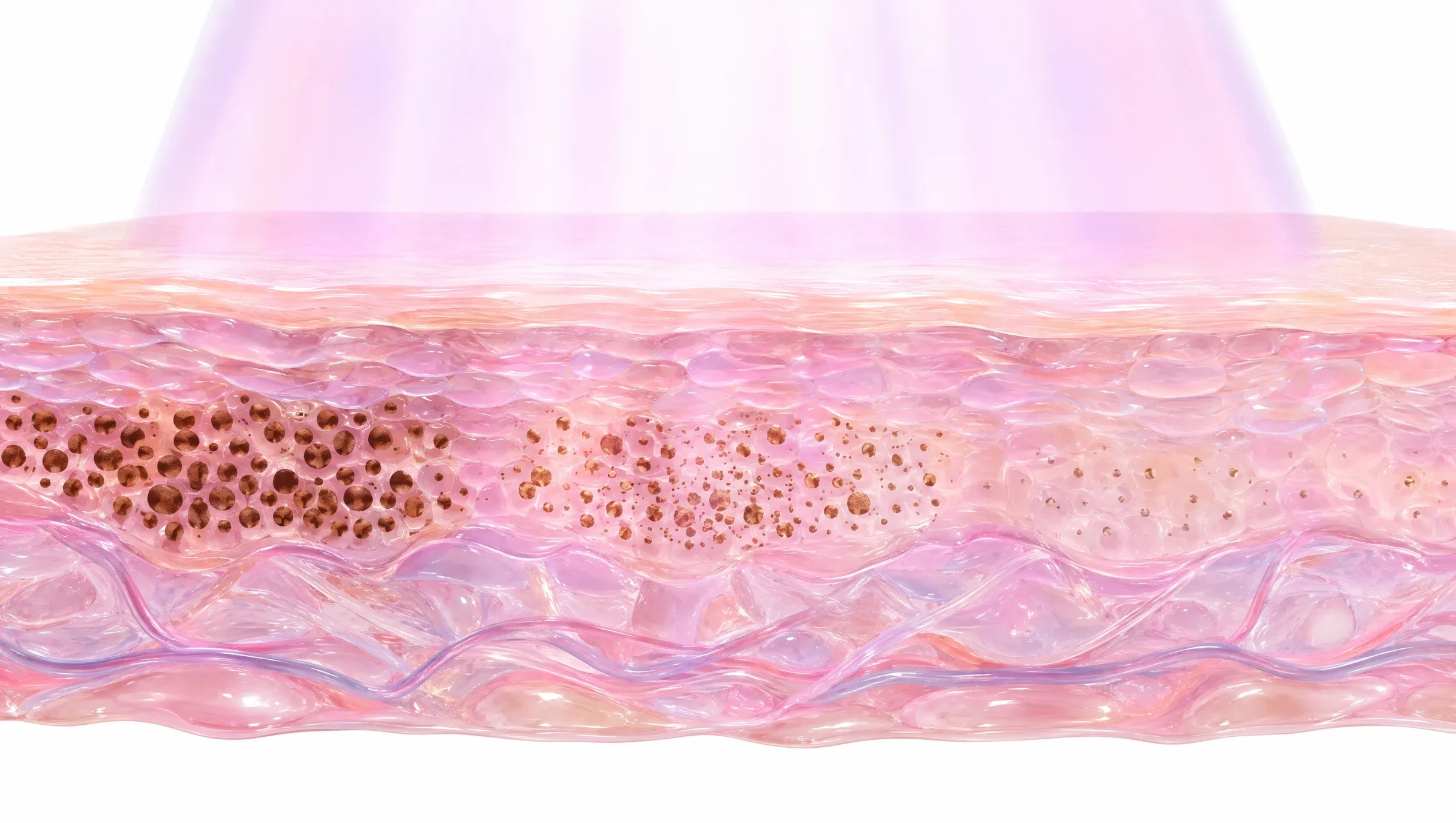Illustration: a broad, gentle wash of light passes over the upper skin; scattered melanin granules break into smaller fragments and fade from left to right, leaving an even tone, with the surface intact.