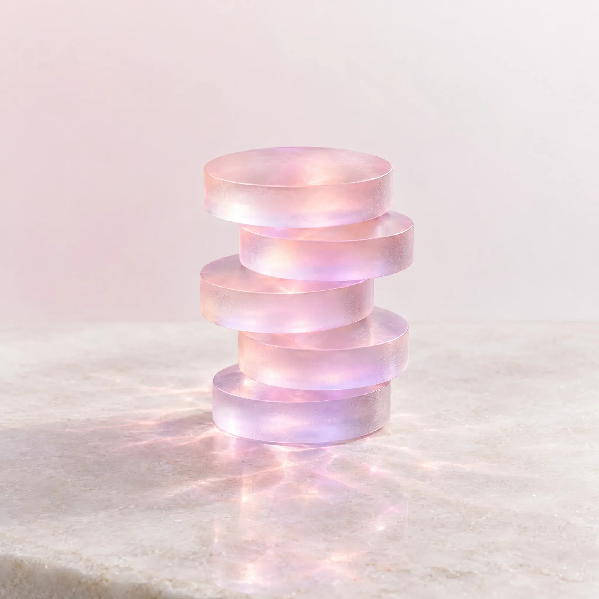 AI-generated still life of five frosted glass discs stacked in a spiral with a soft pink glow, standing for reward points.