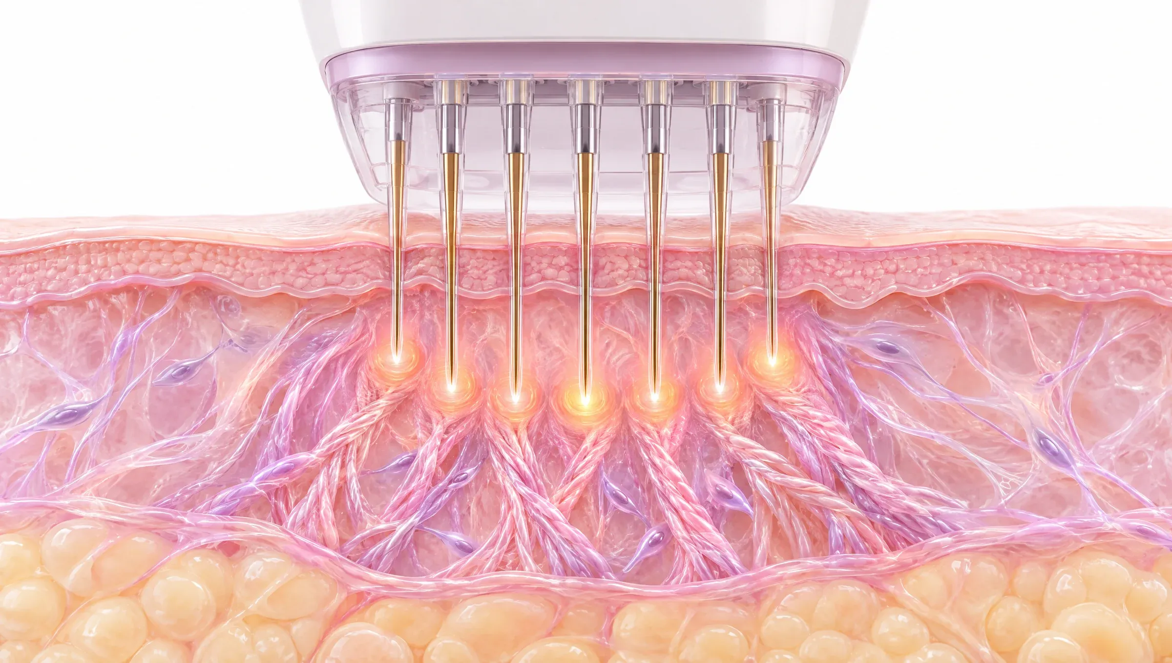 Illustration: fine needles delivering gentle radiofrequency heat into the dermis, with collagen fibres renewing around their tips.