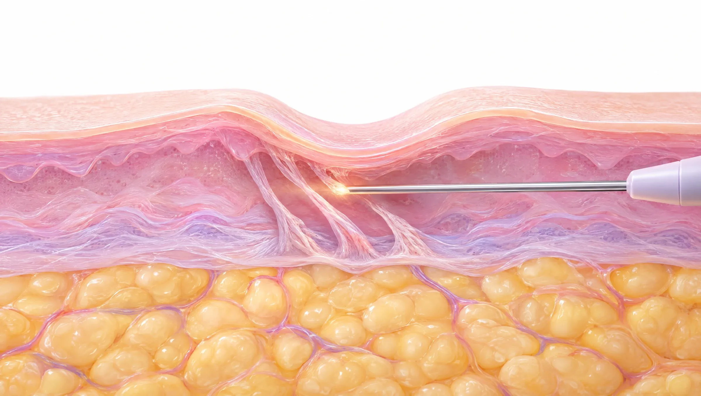 Illustration: bands of scar tissue tying down a rolling scar, with a fine probe passing beneath it to release them.