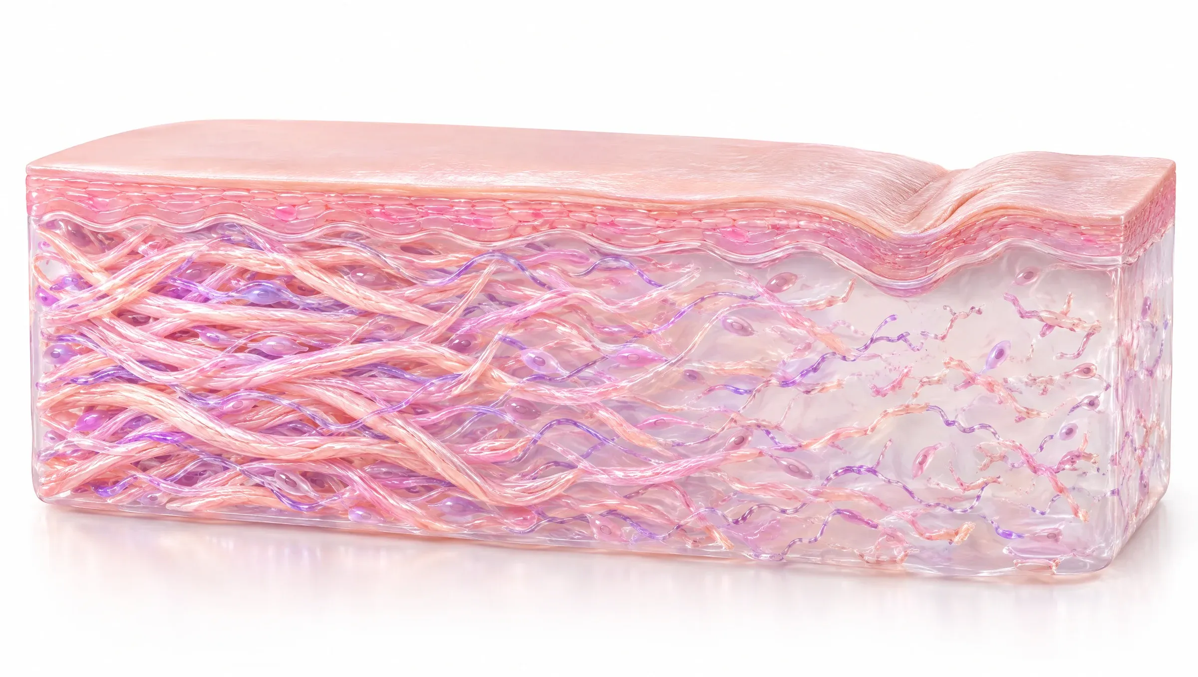 Illustration: a dense, springy network of collagen and elastic fibres under smooth skin beside a thinner, looser network under creased skin with a fine line.