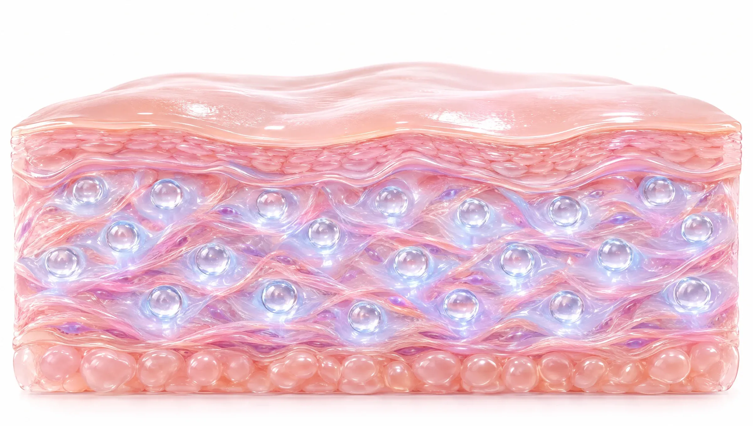 Illustration: tiny droplets of hyaluronic acid gel spread evenly through the dermis, hydrating the surrounding tissue.