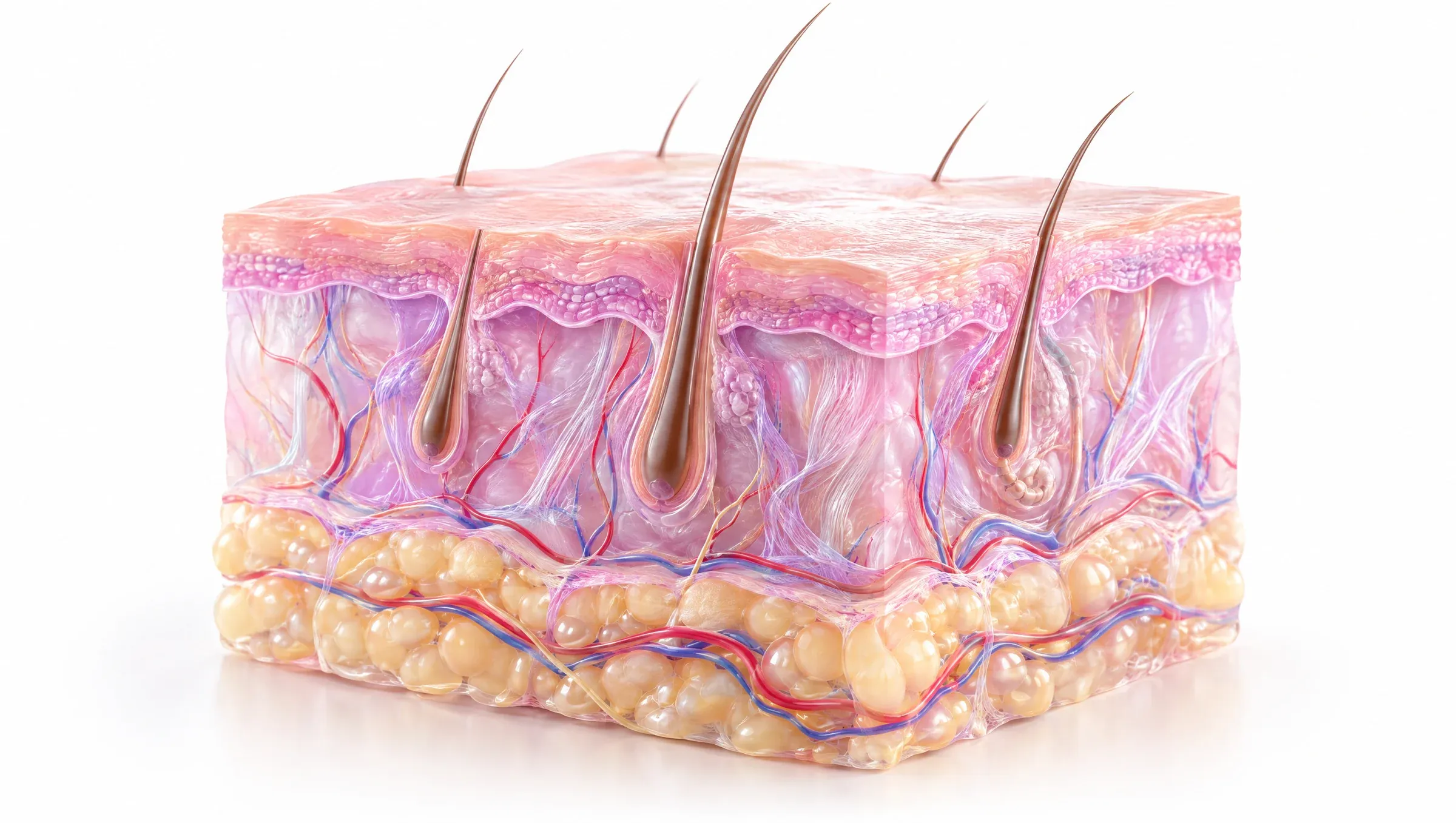 Illustration: a cross-section of skin showing the thin outer epidermis, the dermis with collagen, vessels and hair follicles, and the fat layer beneath.