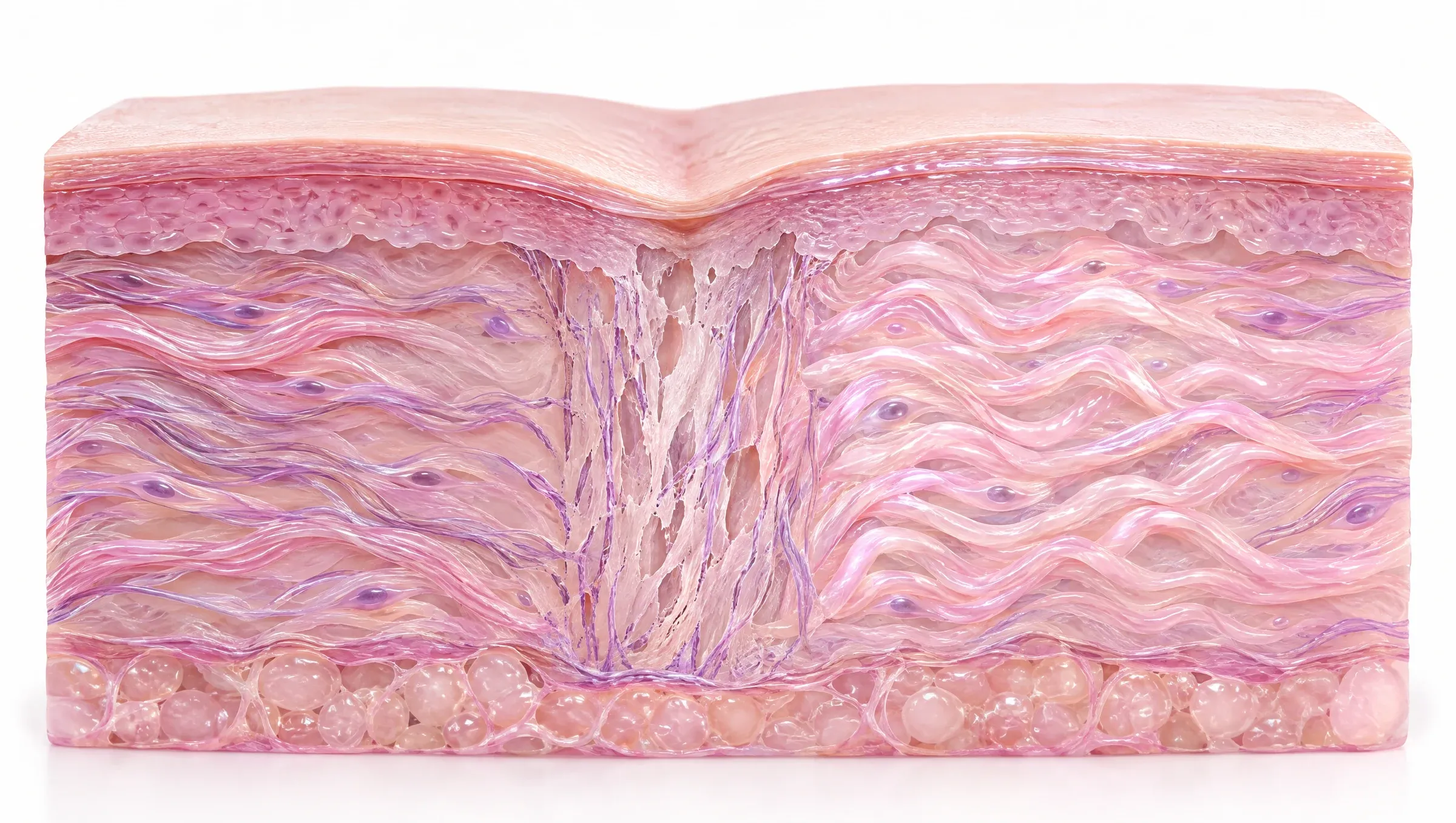 Illustration: overstretched, torn collagen and elastic fibres in the dermis under a thin, slightly sunken line, with new collagen forming beside them.