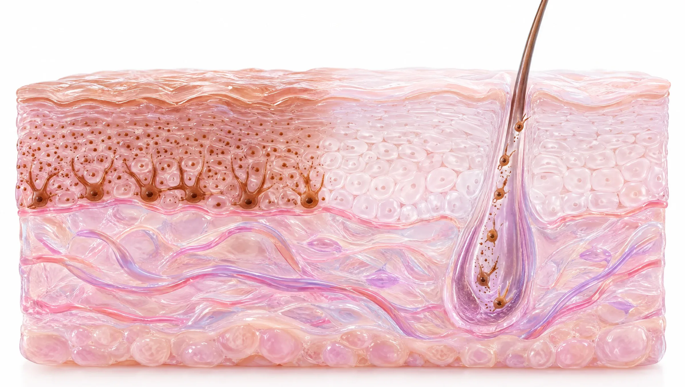 Illustration: skin with evenly spaced pigment cells beside a pale area where they are missing, with a few pigment cells around a hair follicle in the pale area.