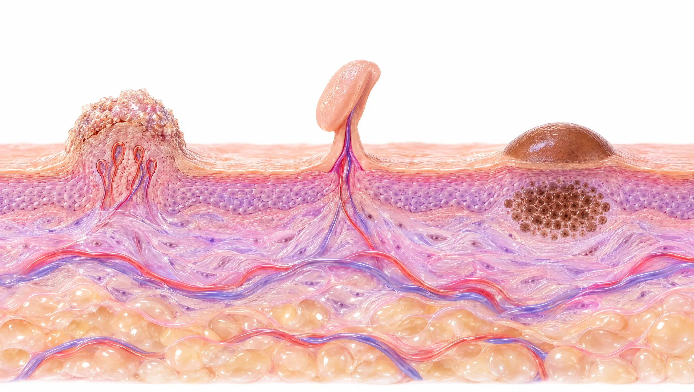 Illustration: a cross-section of skin with three growths side by side: a rough raised wart with tiny blood vessels inside, a soft skin tag on a thin stalk, and a smooth brown mole with a nest of pigment cells beneath it.